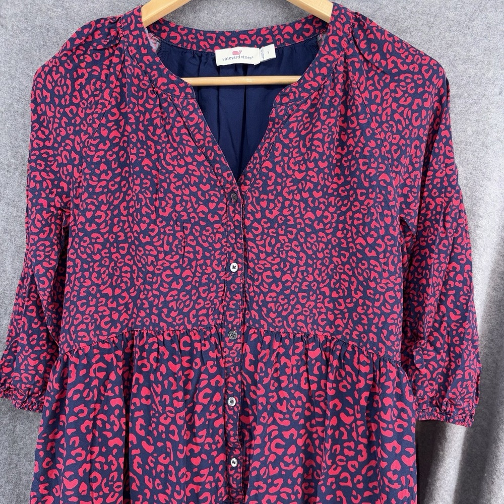 Vineyard Vines Women's Leopard Deep Tiered Button Up Dress Navy Red Small